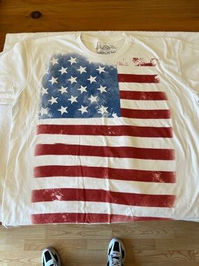 American Rag White Tee with Red and Blue Flag Graphic